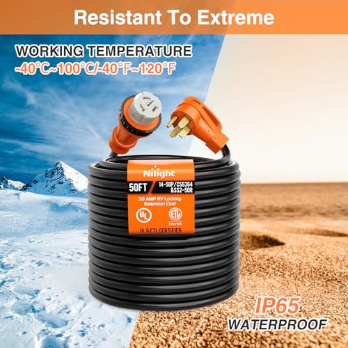 Image of Nilight 50 Amp 50FT RV Locking Extension Cord with Adapter 30Amp to 50Amp 250V Heavy Duty 6 /3+8 /1 Gauge Pure Copper STW Wire ETL Listed 4 Prong 14-50P CS6364&SS2-50R Cable Suit for Campers Caravan