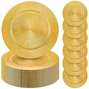 50 Pcs Charger Plates Bulk, 13 Inch Round Charger Plates Plastic Wedding Dinner Elegant Reusable Chargers Plates for Table Setting Wedding Party Event Tabletop Setting Decor (Glitter Gold)