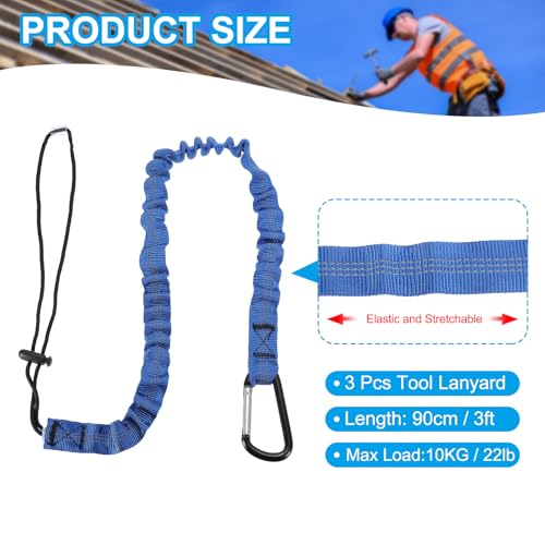 Image of MECCANIXITY Retractable Tool Lanyard 3ft with Single Aluminum Buckle and Adjustable Loop End, Maximum Weight Limit 10KG / 22lb, Safety Fall Protection Tools Leash, Blue 3 Pack