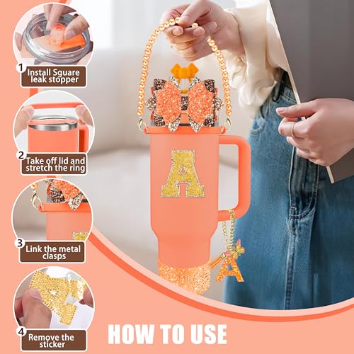 Hpebl 9PCS Orange for Stanley Cup Accessories Set Bling Initials Bow Charms for Stanley Decorations 30/40 Oz Tumbler Accessories Including Bow Straw Topper, Handle Strap, Spill Stopper(Letter L) - image 5