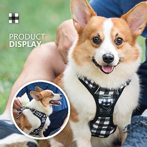 Image of PoyPet No Pull Dog Harness, [Neck Release] Reflective Adjustable No Choke Pet Vest with Front & Back 2 Leash Attachments, Soft Control Training Handle for Small Dogs(Grid,M)