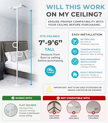 Image of Stander Double Handle Non-Rotating Floor to Ceiling Grab Bar, No-Drill Tension Mounted Transfer Pole for Seniors, Bath Safety & Bedside Assist Rail for Home Standing Support & Fall Prevention, White
