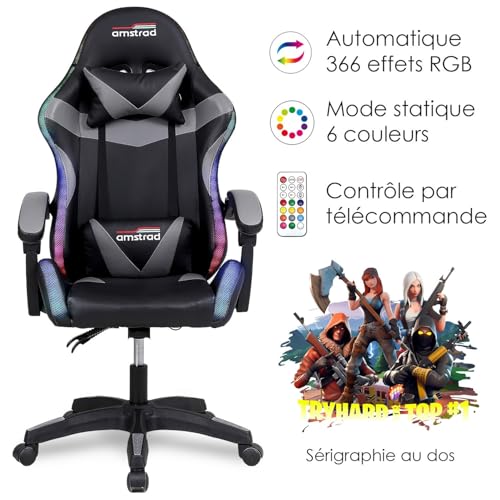 Amstrad AMS-900-LED-TOP1 - Fauteuil Gaming Noir et Gris - Serigraphie Try Hard for Top 1 - Eclairage LED 366 Effets Télécommande – Image 4
