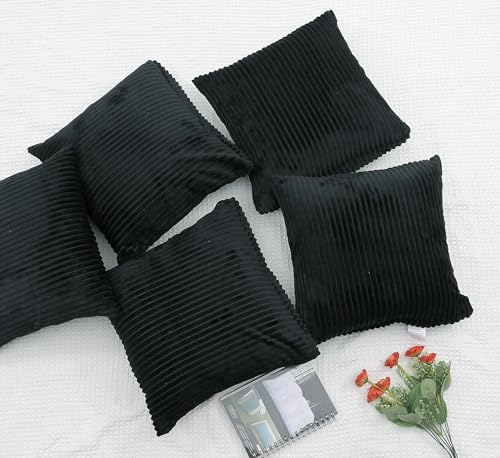 Image of RD TREND Cushion Cover Set of 5, Decorative Sofa Living Room Home Square Cushion Covers 18 Inch x 18 Inch, Aesthetic Corduroy Striped Double Sided (Black, Pack of 5)