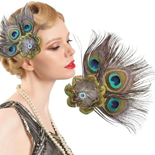 Peacock Feather Hair Clips Vintage Rhinestone Flower Green Peacock Feathers 1920s Flapper Hairpin Hair Accessories for Women Wedding Dance Prom Tea Party Headpiece