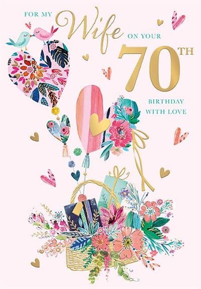 70th Birthday Card for Wife, Floral Hearts Design, Gold Foil Finish