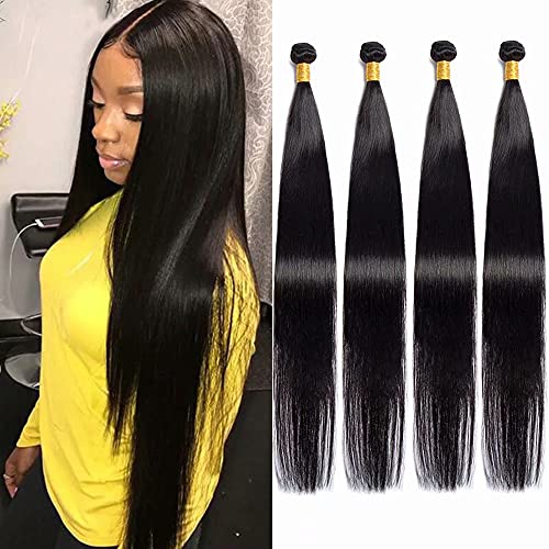 Maxine 10A Grade Brazilian Virgin Straight Human Hair 4 Bundles 100% Virgin Human Hair Unprocessed Straight Long Inch Hair Bundles Natural Black Color(38 38 38 38 Inch)