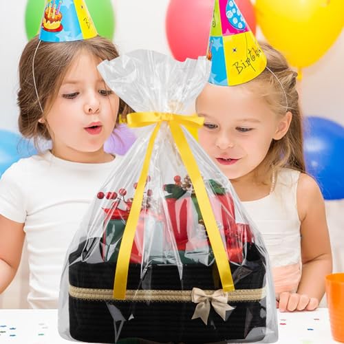 Image of OIAHOMY Large Woven Storage Basket with Handles for Nursery Living Room Shelves, Bow Basket for Gifts Empty with Gift Bags and Ribbons for Baby Showers Pet Toy Bin - Black