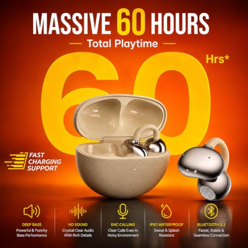 Image of Wireless Open Ear Buds with 60H Battery, 12mm Custom Drivers, Spatial Audio, Premium Leather Dual Form Design, Low Latency, Quad Mic ENC, Ambient Awareness, IPX5 - White