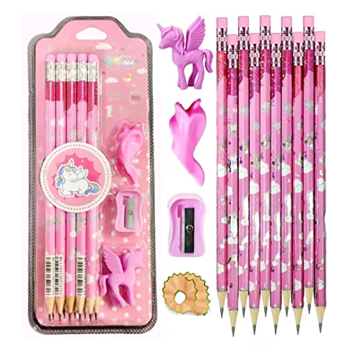 Image of Crackles Shiny Glittery Unicorn Theme Wood Thick Strong 10 Pc Pencils with Erasers on top Sharpener Eraser and a Pencil Grip Gift Set for Kids Boys and Girls (Random Print, Pack of 2)
