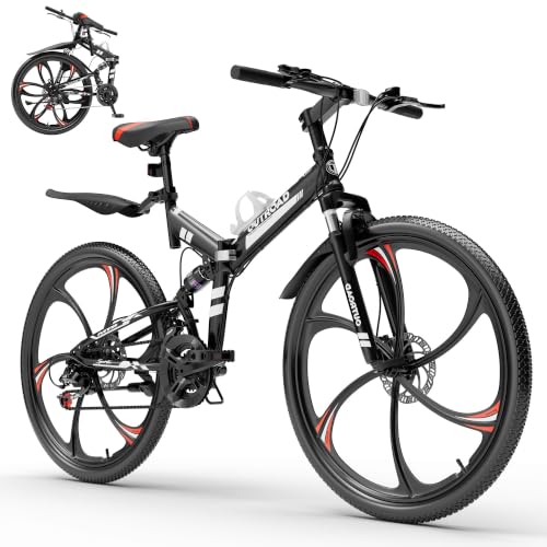 Image of Outroad 26 Inch Folding Mountain Bike, 21 Speed Full Suspension High-Carbon Steel MTB Foldable Bikes, Dual Disc Brake Non-Slip Folding Bicycle for Adults /Men /Women, 26 inch Dark