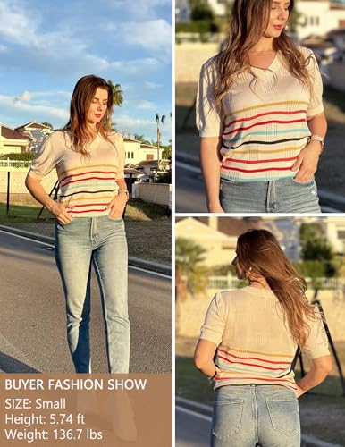 Zeagoo Womens Short Sleeve Sweaters Soft Casual V Neck Pullover Tops Lightweight Knit Sweater Blouse2