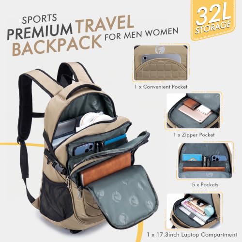 Image of 15.6 inch Laptop Backpack, Water Resistant Travel Backpack, Reflective & Multi-Pocket, Padded Straps, Underseat Carry On Luggage Ruck for Daily Commute, Business, Hiking & Weekend Trips, Khaki