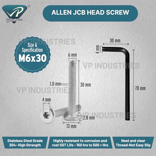 Image of By VP INDUSTRIES (Pcs-15) M6x30 mm Allen JCB Flat Head Screw Stainless Steel 304 | Allen Key Furniture Bolt Fastener for Crib, Bunk Bed, Cot & Barrel Bolt Fittings