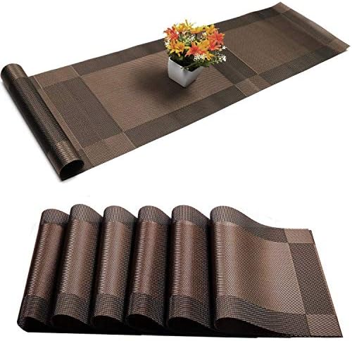 Placemats with Table Runner Sets Place Mats, Woven Crossweave Placemat Vinyl Kitchen Tablemat, Washable PVC Table Mats for Dining Table, Parties, Farmhouse, Thanksgiving, Christmas & Gathering (Brown)