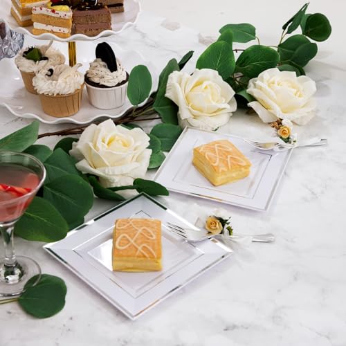 WDF Silver Plastic Dessert Plates with Plastic Forks - 6” 100 Square Disposable Appetizer Plates Small Plates Cake Plates with Silver Rim &100 Small Appetizer Forks for Party/Wedding.