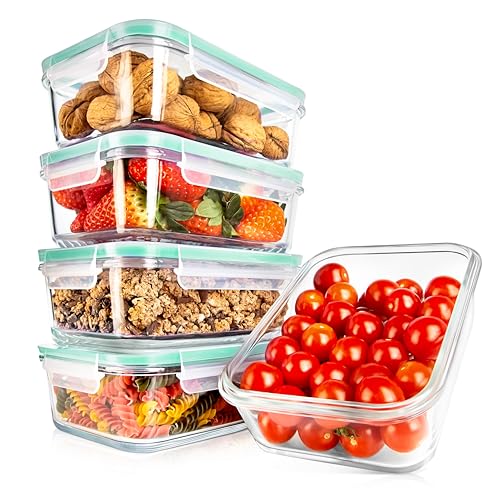Image of NutriChef 10 Piece Glass Food Storage Containers with Lids - 30 oz Meal Prep Containers Reusable Glass - Airtight Lunch Containers for Food Storage - Freezer to Oven Safe - Green