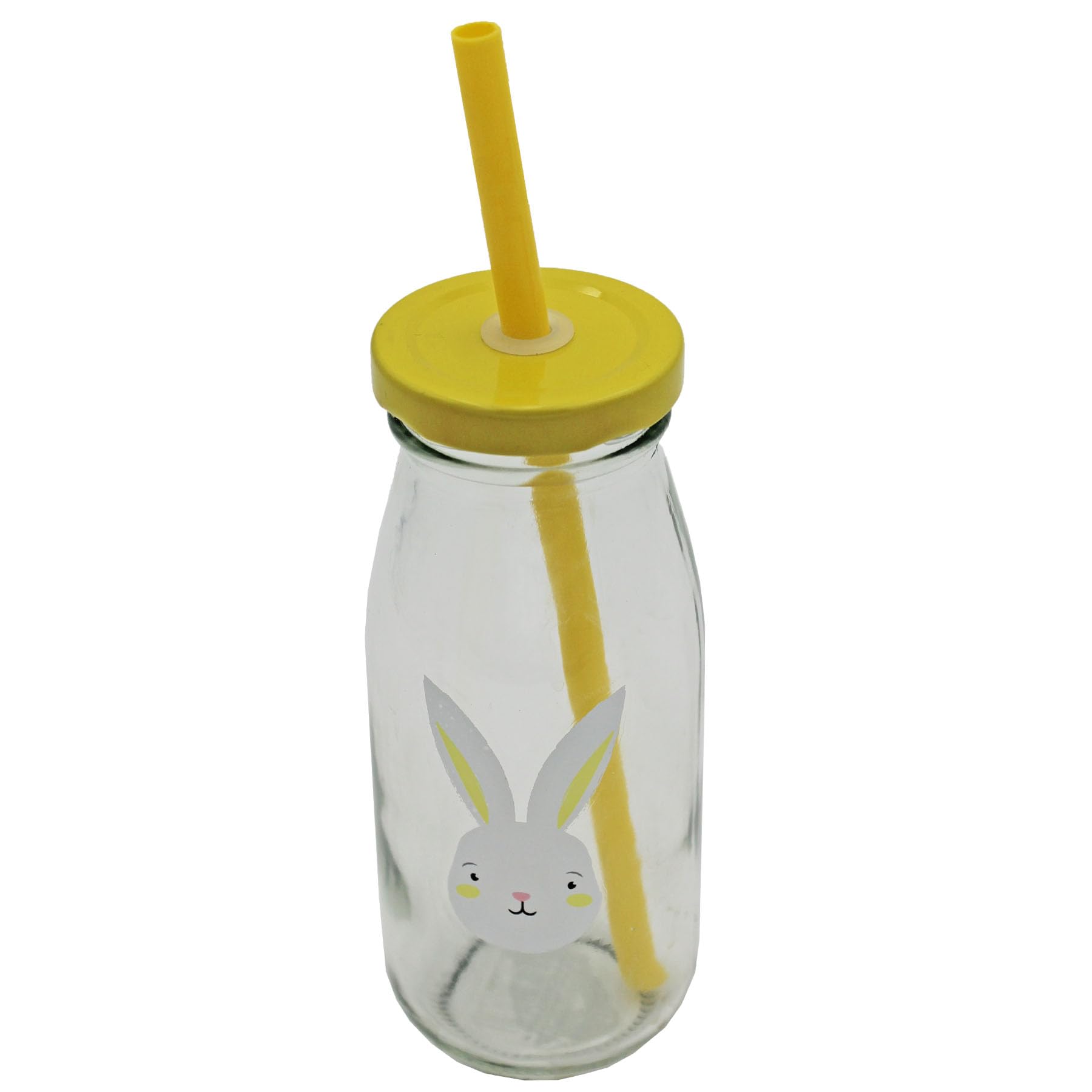Widdle Gifts Yellow Glass Easter Milk Bottle And Re-Useable Plastic Straw With Easter Bunny Design (Yellow)