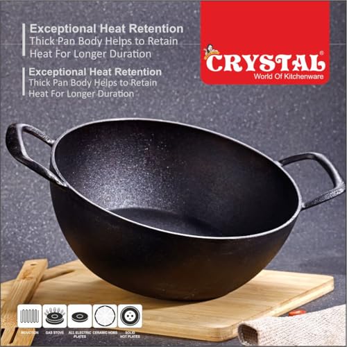 Image of Crystal Pre-Seasoned Cast Iron Kadai 250 Mm | Free Handle Cover | 100% Toxin Free | Naturally Non Stick | Long Lasting | Induction & Gas Stove Compatible