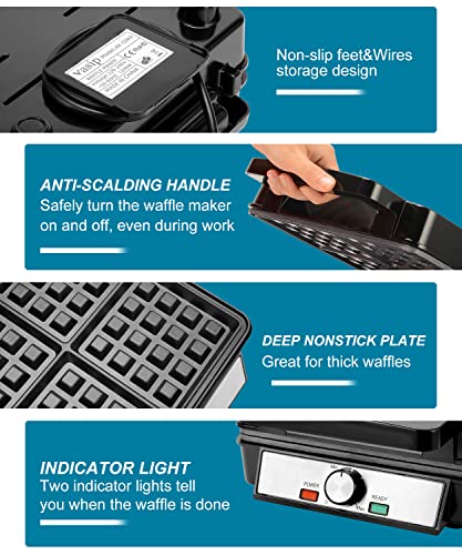 Waffeleisen, 4 Teiliges, 1200W Antihaft-Waffelmaschine Mit Bräunungskontrolle, 4 Scheiben Belgische Dicke Waffeln, Cool… – Bild 8