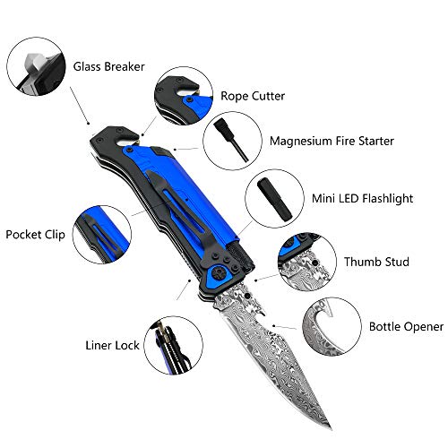 Image of ALBATROSS 6-in-1 Modern Damascus Steel Folding Pocket Knives with LED Light,Seatbelt Cutter,Glass Breaker,Magnesium Fire Starter,Bottle Opener;Multi-Function Emergency Tool(Blue-da)