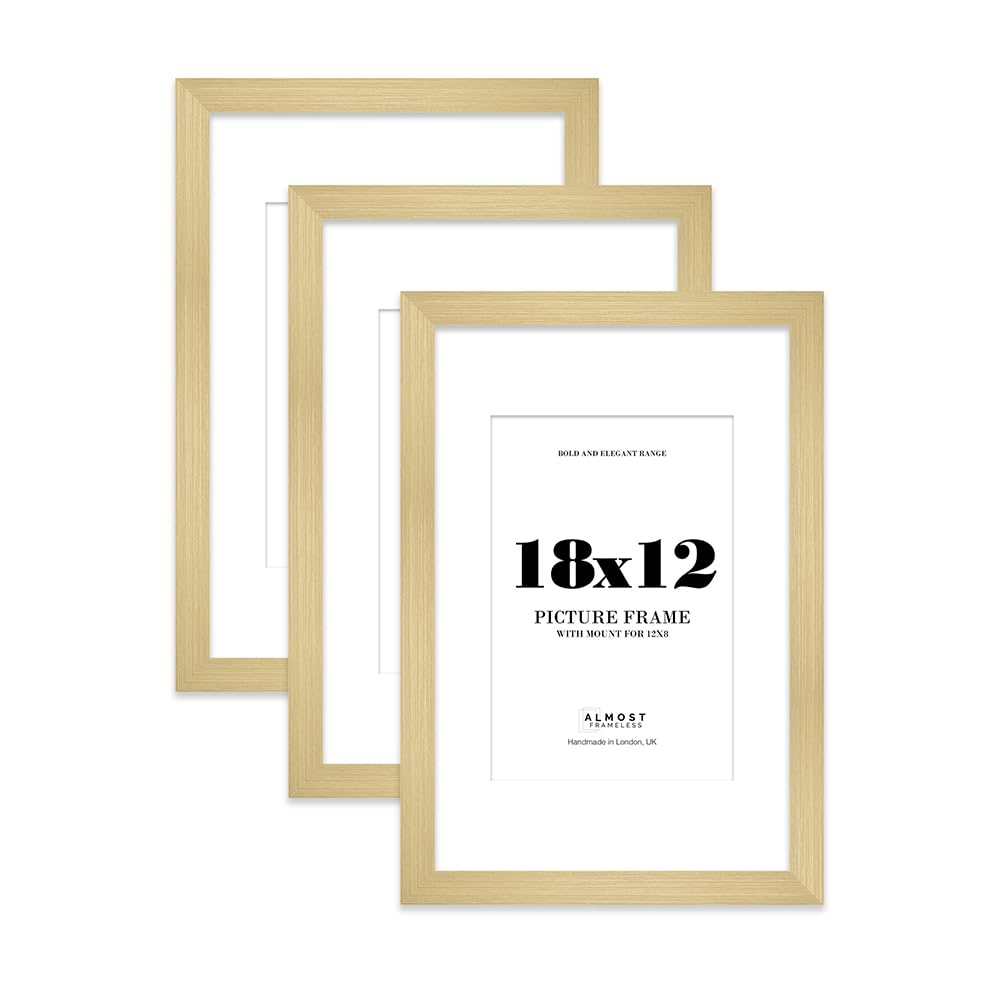18x12 Gold Frame With Mount for 12x8 Pictures 28mm Edge Portrait and Landscape Display with Wall Hooks, 3 Pack