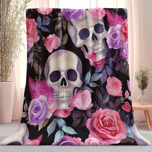 Manta en Cráneo Gótico Flores Patrón para sofá Cama Grande Suave, Ligero y Esponjoso en Manta de Franela Polar para Todas Las Estaciones 200 x 220 cm, Vistoso