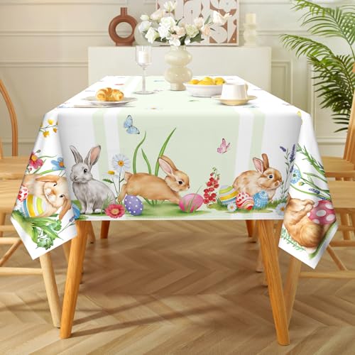 Arquiel Tischdecke Ostern, Kaninchen Tischtuch Wasserabweisend StrapazierfäHiges, Abwischbar Tischdeck FüR Abendessen, KüChe, Hochzeit, Drinnen, FrüHling/Sommer(152 x 213 cm)