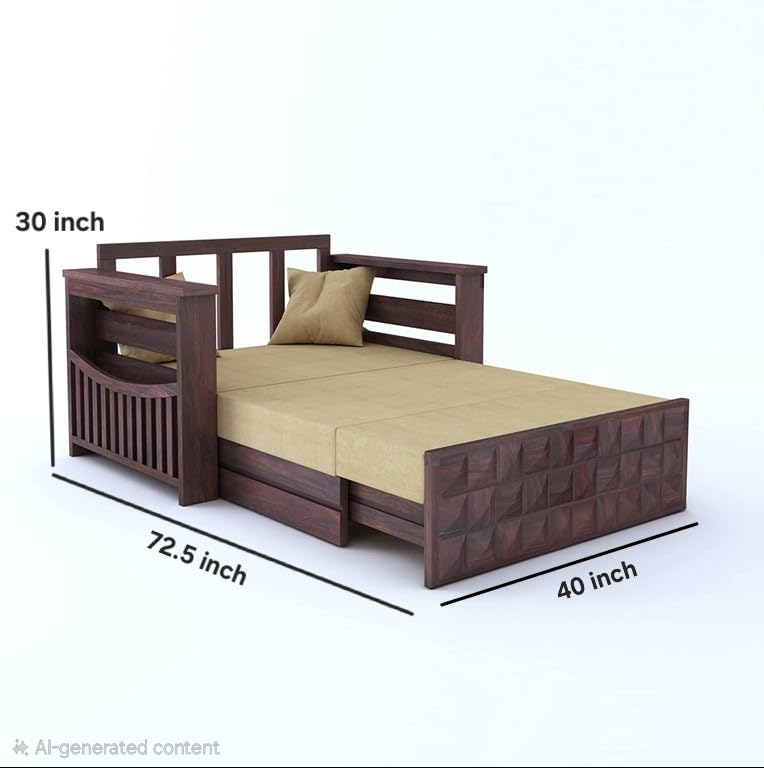 Image of Solid Sheesham Wood Sofa Cum Bed 2 Seater | Wooden Foldable Double Bed for Living Room with Headboard & Storage | Bed Cum Sofa with Mattress for Home | Diamond Design (Walnut Finish)