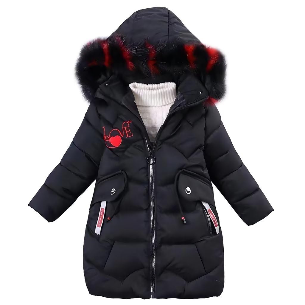 linboo Cappotto invernale per bambini, giacca invernale con cappuccio in pelliccia parka imbottita con stampa Lettera LOVE