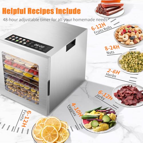 Image of Food Dehydrator for Jerky, 10 Stainless Steel Trays, 10 Presets with 48H Timer & Temp Control, 850W Food Dryer for Fruit, Meat, Herbs, Dog Treats, with Mesh Screens, Fruit Roll Sheet & Recipe Book
