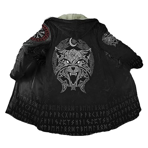 Mens Black Viking Hooded Coats Winter Thick Hooded Cloak Norse Wolf Pattern Poncho Cape 3D Print Jacket Coat