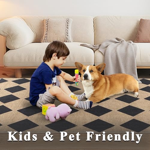 Image of Checkered Easy Jute Rug 3x5 Outdoor Entryway Rug Washable Area Rugs for Living Room Bedroom Non Slip Neutral Farmhouse Indoor Outdoor Carpet for Backyard Patio Office