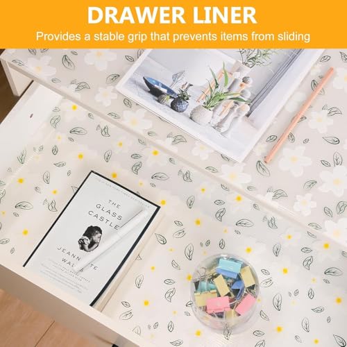 Image of EVA Fridge Shelf Liner Roll, Washable Drawer Mat Sheet, Cut-to-Size Cabinet & Refrigerator Shelf Protector, Food Contact Suitable Multipurpose Kitchen Table Liner Roll, 3 Meter (White Flower)
