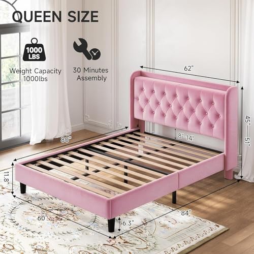 Image of koorlian Queen Bed Frame with Headboard, Adjustable Upholstered Platform Bed Frame with Type-C&USB Ports, Wingback Storage Headboard, Solid Wood Slats Support, No Box Spring Needed, Pink