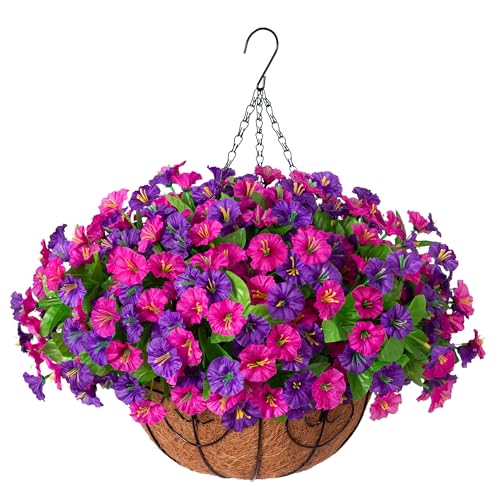 Ammyoo Artificial Fake Hanging Flowers with Basket Faux Silk Morning Glory Flower Arrangement for Spring Summer Decor Hanging Plant for Patio Garden Porch Outdoor Decor
