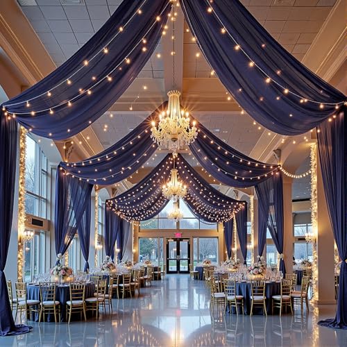 6 Panels Navy Blue Ceiling Drapes with Lights for Weddings Ceiling Drapes 5ftx20ft Wedding Draping Fabric Sheer Curtains Tulle Drapery Wedding Decorations for Home Party Ceremony Stage Swag