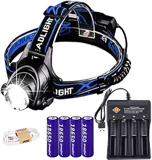 Rechargeable Head Torch,1800 Lumen Bright USB Headlight with 3 Modes, Waterproof Zoomable Headlamp with 4PCS 18650 Battery and Smart USB Charger,with Red Warning Light,Fit for Fishing, Night Out