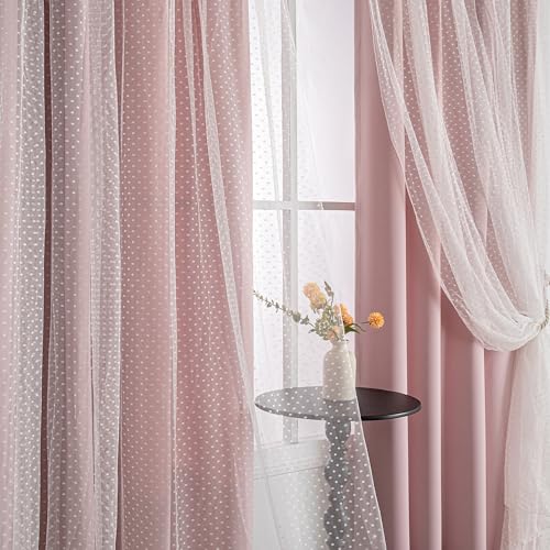 MYSKY HOME Pink Blackout Curtains for Girls Bedroom & Nursery Kids Blush Princess Double Layer Drapes, Polka Dots Sheer, Grommet Tops, 52x84 Inch, 2...