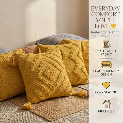 Image of SILK & YANA 16x16 Cotton Cushion Covers Set of 5 | Hand-Tufted Decorative Throw Pillow Covers with Boho, Geometric & Textured Designs | Tassel-Trimmed Covers for Sofa (Mustard Yellow)