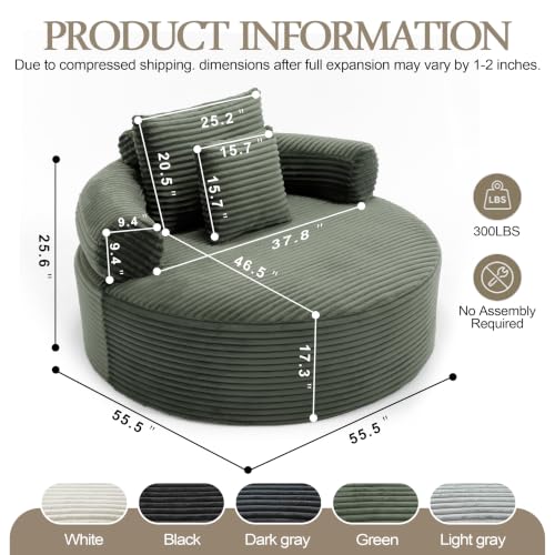 Image of Trustyue Boneless Couch,Comfy Fluffy Sofa Bed,Upholstered Sleeper Sofa with Cup Holder and Throw Pillows,Corduroy Plush Cloud Lounge Chair (Green, Corduroy)