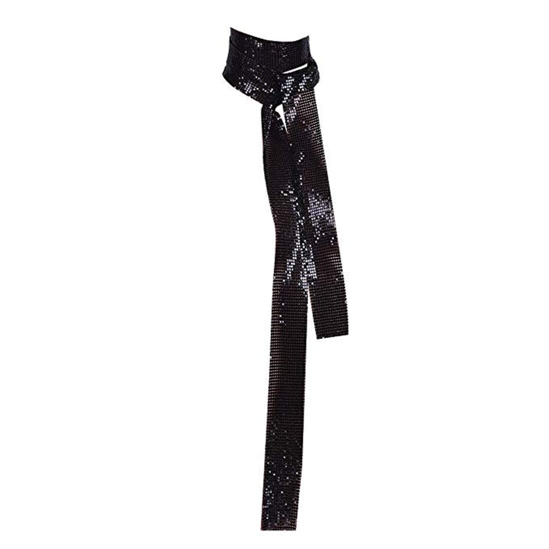 Skugal Women Glitter Sparkle Metal Sequins Neck Tie Scarf Club Party Evening Long Thin Skinny Tie Shawls Neckerchief, Black, One Size