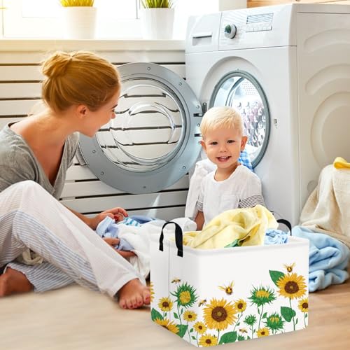 Image of FXOLCSHE Rectangular Sunflower basket,Waterproof Canvas kids Laundry Nursery Hamper,Storage Baskets for Bedroom,Yellow Hamper,Gift Basketsr(Sunflower)