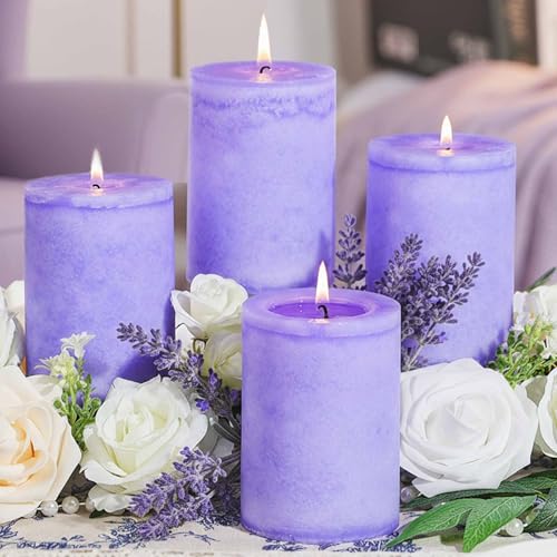 4 Pack Lavender Scented Pillar Candles-2.8x4 in Purple Decorative Candles,60-Hour Long Lasting Burn,Handmade Rustic Pillar Candles for Home Fragrance,Stress Relief, Home Spa & Meditation