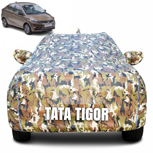 Image of 100% Waterproof Car Body Cover for Tata Tigor with Mirror Pocket (Heat & UV Resistant, Triple Stitched, Soft Lining, Bottom Elastic & Piping) Camouflage, Military Print