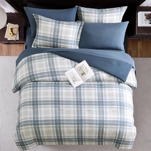 Image of MaiReve Plaid Full Comforter Sets, Blue Grey Grid Farmhouse Bedding Set Bed in A Bag, Classic Checkered Comforter Sets with Fitted & Flat Sheet, Pillowcases & Shams(Blue Grey, 80 inchx90 inch)