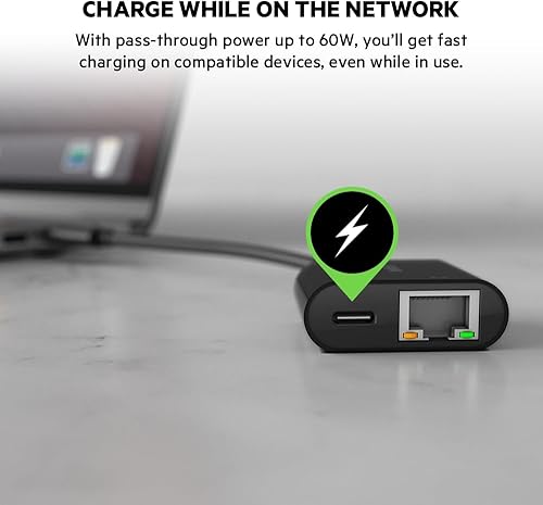 Miniatura 2 de Belkin Adaptador de carga USB-C a Ethernet + Puerto Ethernet Gigabit compatible con dispositivos USB-C, cable USB-C a Ethernet para MacBook Air,