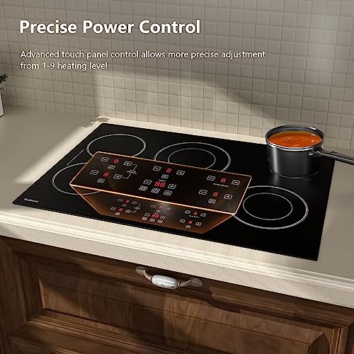 30 Inch Electric Cooktop 5 Burners, ETL & FCC Certificated, Sync Burner, Quick Boil, Keep Warm, 9 Heating Level, Timer, Child Lock & Auto Shutdown, Drop-in Electric Stove Top,Gloss Black