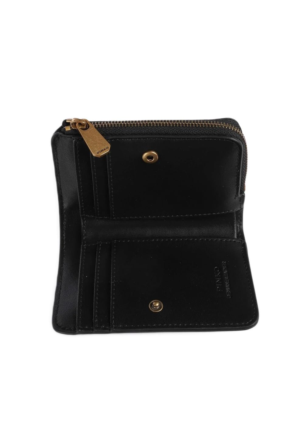 Pinko Czarny skórzany portfel damski 12 x 8 x 2,5 cm z zapięciem na guziki, przegrody na karty, zewnętrzna portmonetka, antyczny złoty galwanizacja