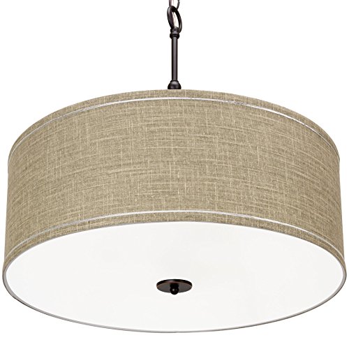 Image of Kira Home Adelade 22 inch Modern 3-Light Drum Pendant Chandelier, Sand Fabric Shade, Tempered Glass Diffuser, Adjustable Height, Oil-Rubbed Bronze Finish